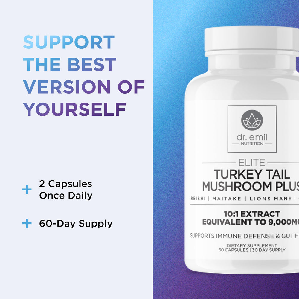 Dr. Emil Nutrition Elite Turkey Tail dosing chart helps plan daily intake.