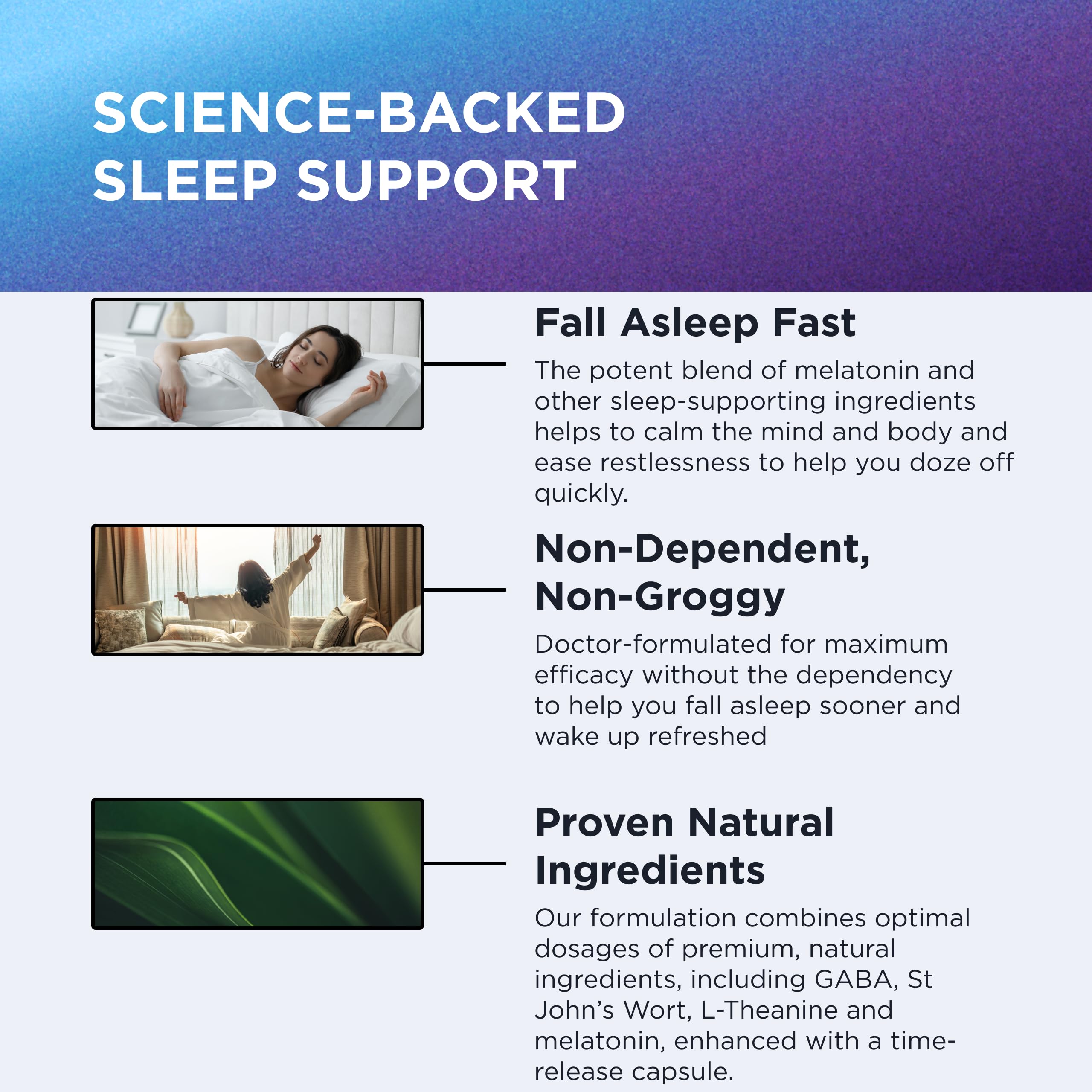 Ingredients label highlights GABA, 5HTP and valerian for peaceful nights.