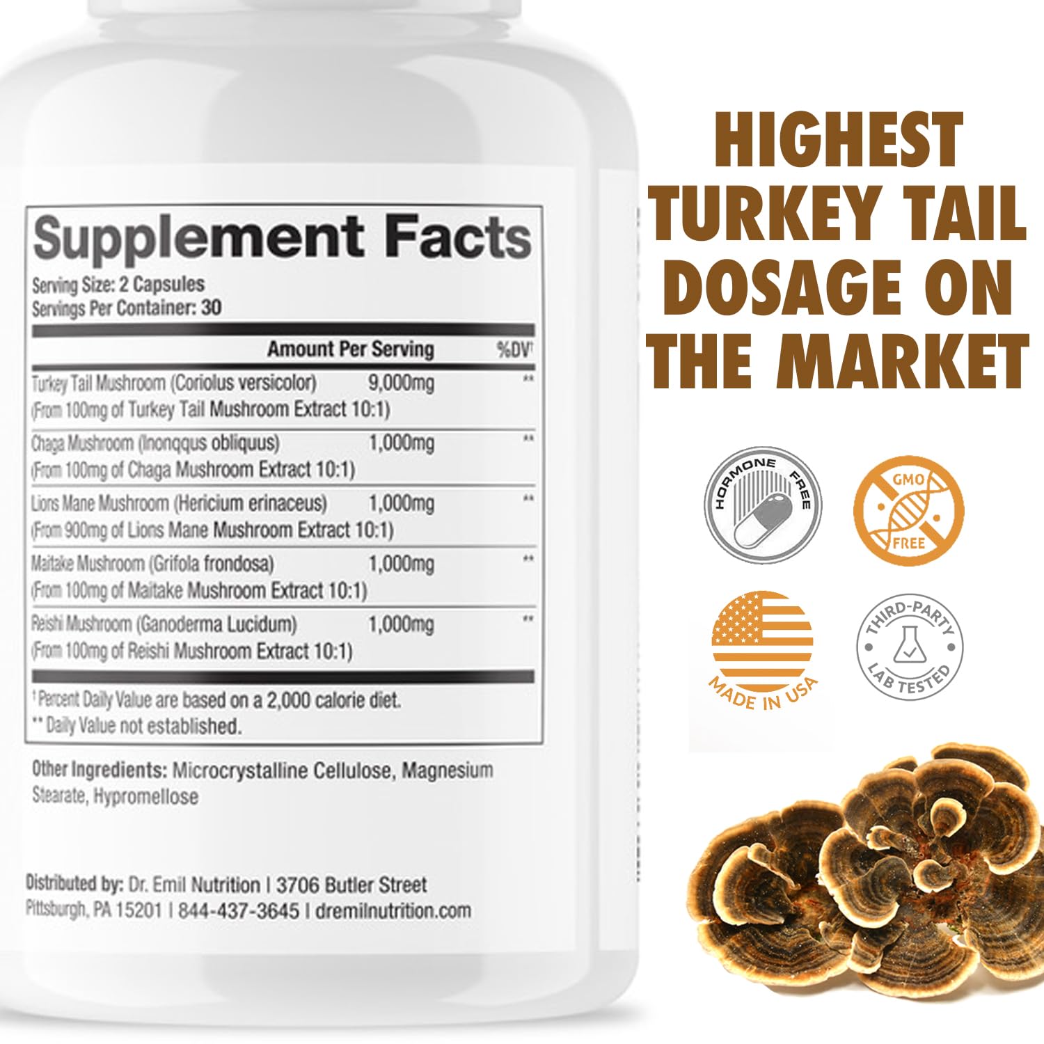 Dr. Emil Nutrition packaging emphasizes gluten-free, non-GMO mushroom formula.