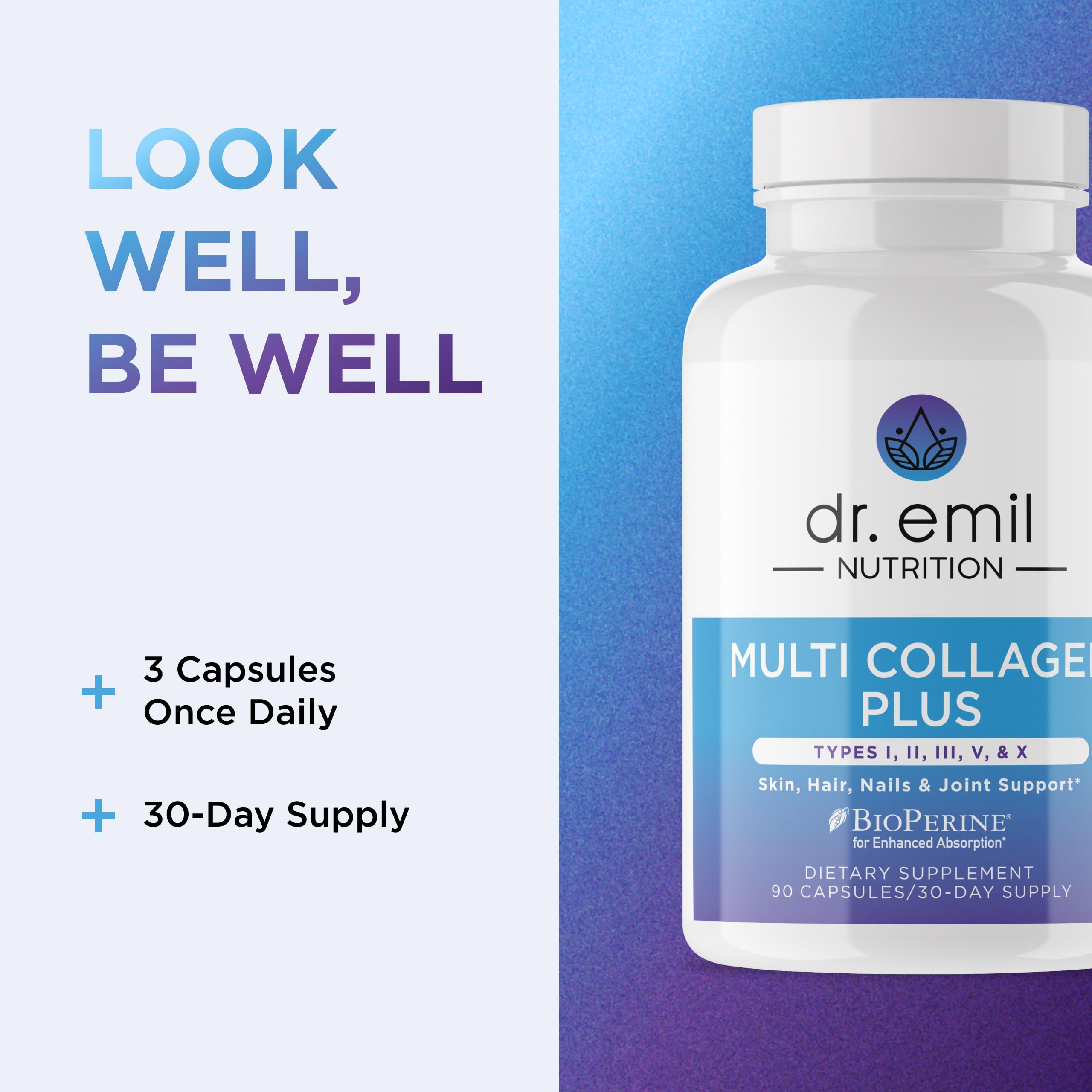 DR. EMIL NUTRITION Grass-fed bovine, chicken, eggshell, and marine collagen sources.