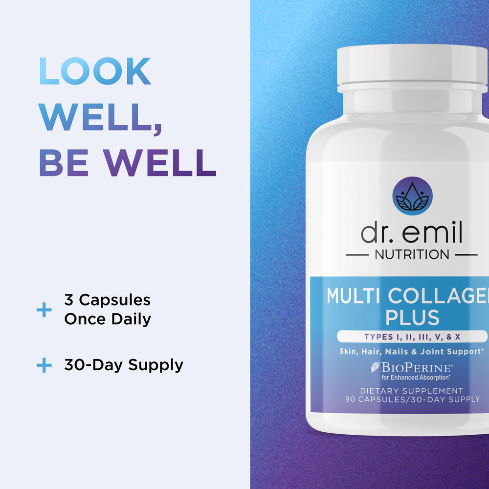 DR. EMIL NUTRITION Grass-fed bovine, chicken, eggshell, and marine collagen sources.