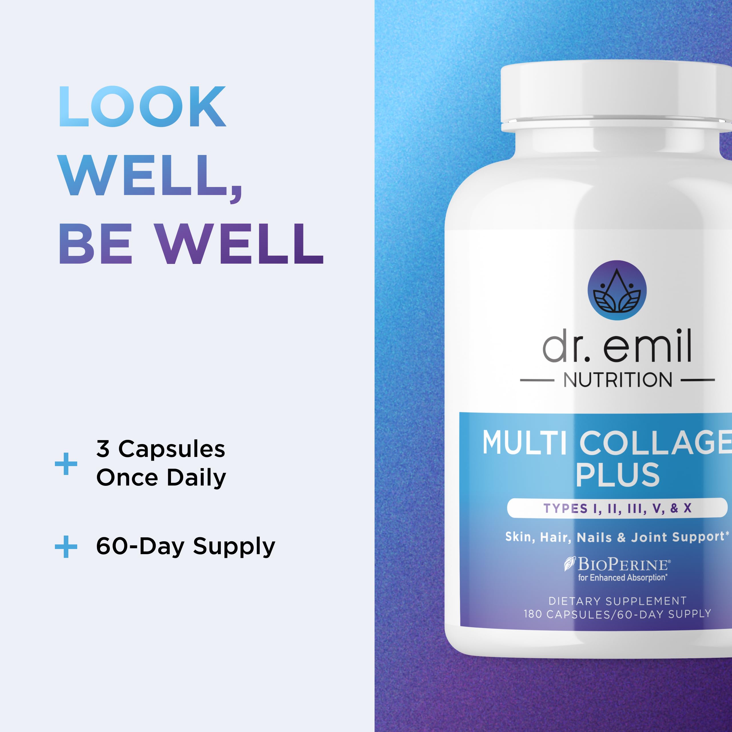 DR. EMIL NUTRITION hydrolyzed collagen capsules close-up highlighting Types I II III V X