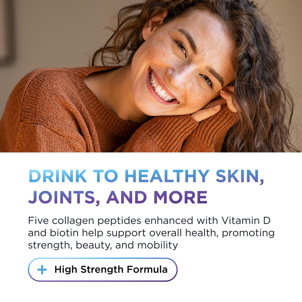 Product label highlights biotin and collagen types I–X.
