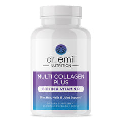 DR. EMIL NUTRITION Multi Collagen Plus bottle with all-in-one blend for hair, skin, and nails.