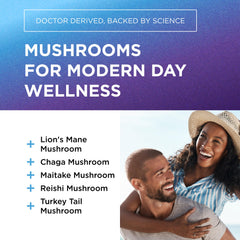 DR. EMIL NUTRITION mushroom blend close-up with Chaga, Reishi, Maitakte for immune resilience.
