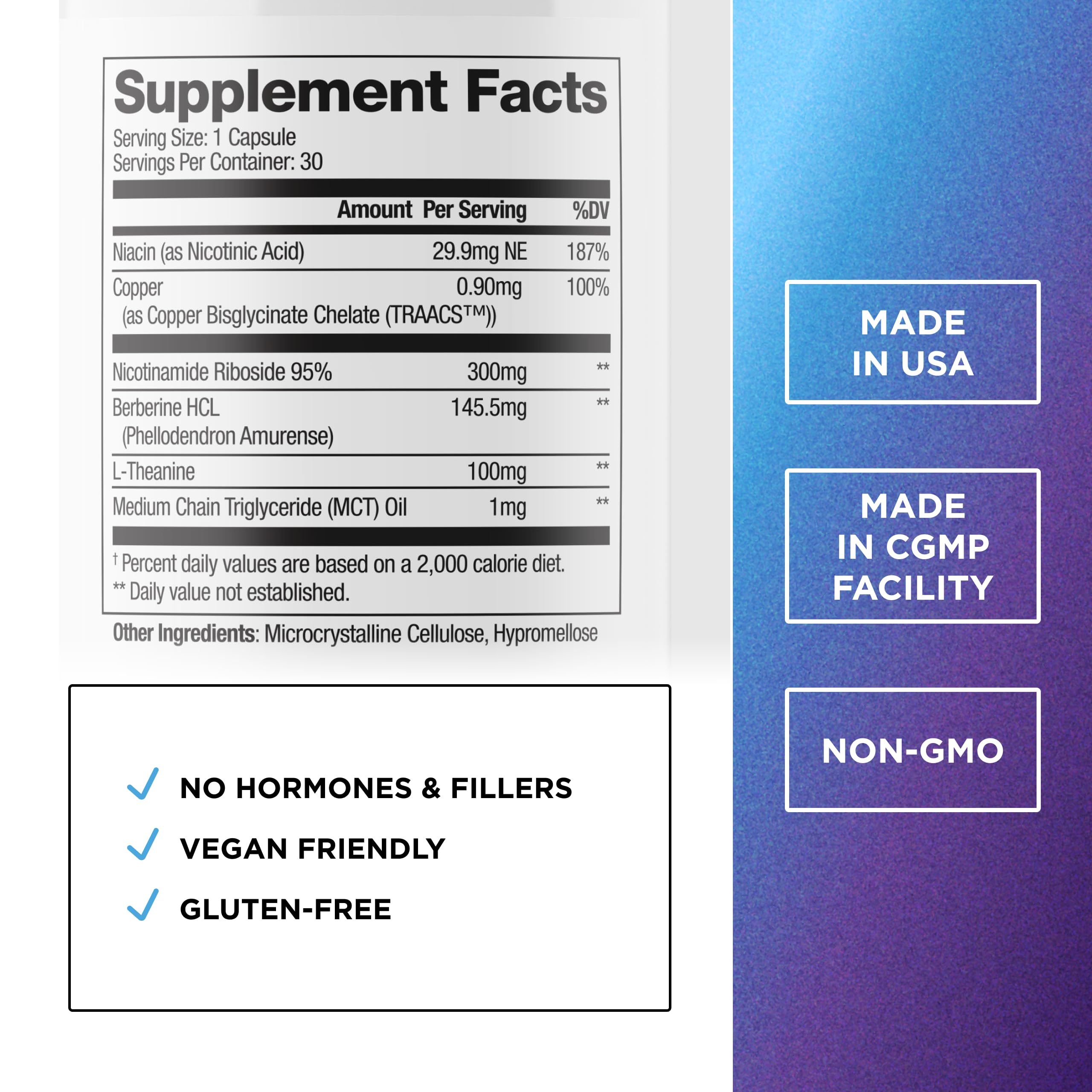 NAD+ Boost capsules close-up highlighting NR and berberine ingredients.