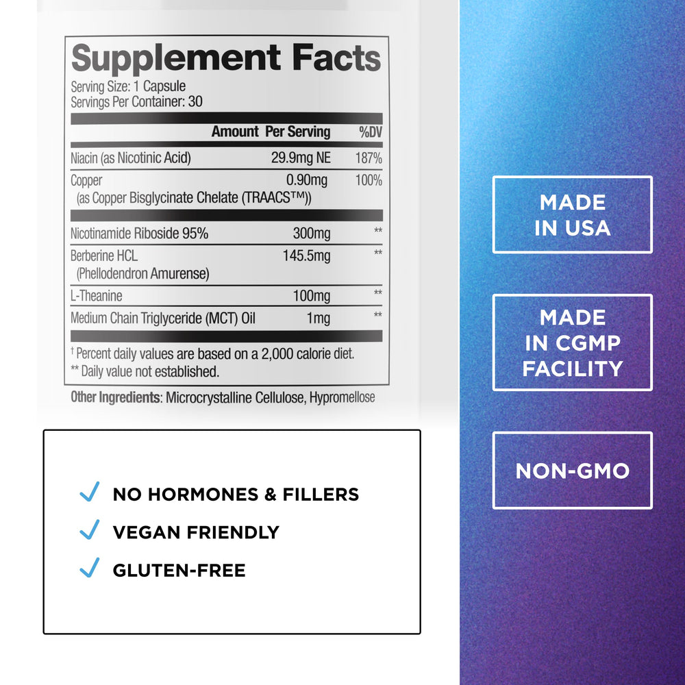 NAD+ Boost capsules close-up highlighting NR and berberine ingredients.