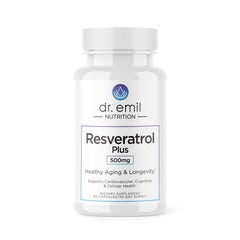 DR. EMIL NUTRITION Resveratrol capsules in a close-up shot showing dosage