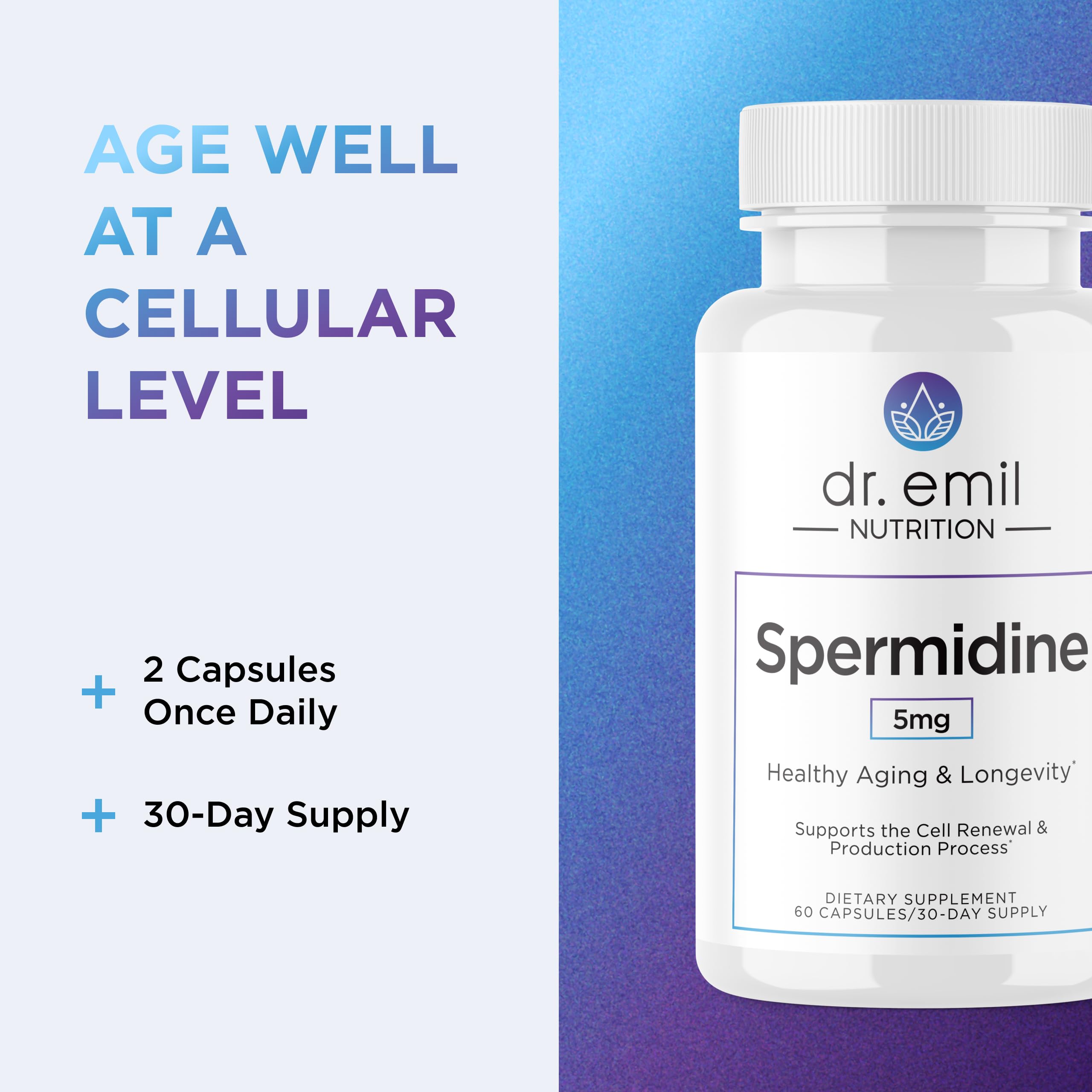 Side view of the DR. EMIL NUTRITION Spermidine 5mg bottle.