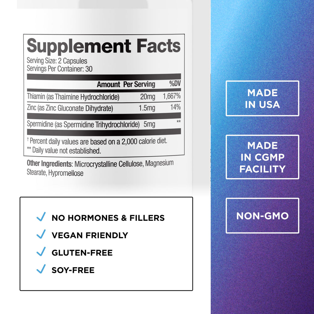 Spermidine 5mg capsules closeup by DR. EMIL NUTRITION for daily vitality.