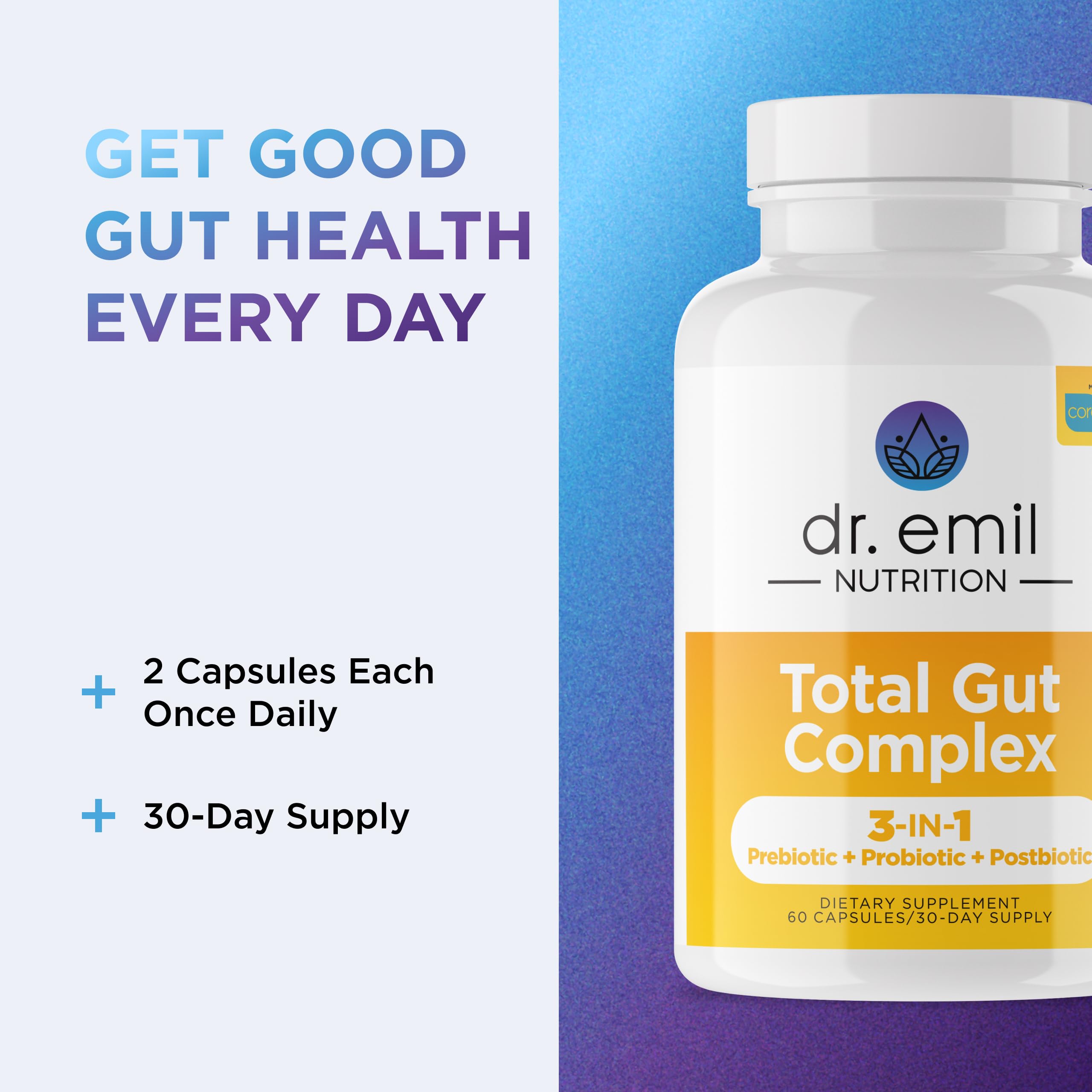 DR. EMIL NUTRITION Total Gut Health Complex bottle with 60 capsules for convenient daily use