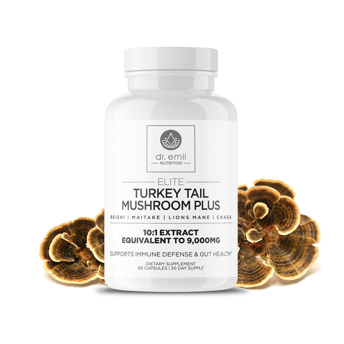 DR. EMIL NUTRITION Turkey Tail capsules bottle close-up for immune support.