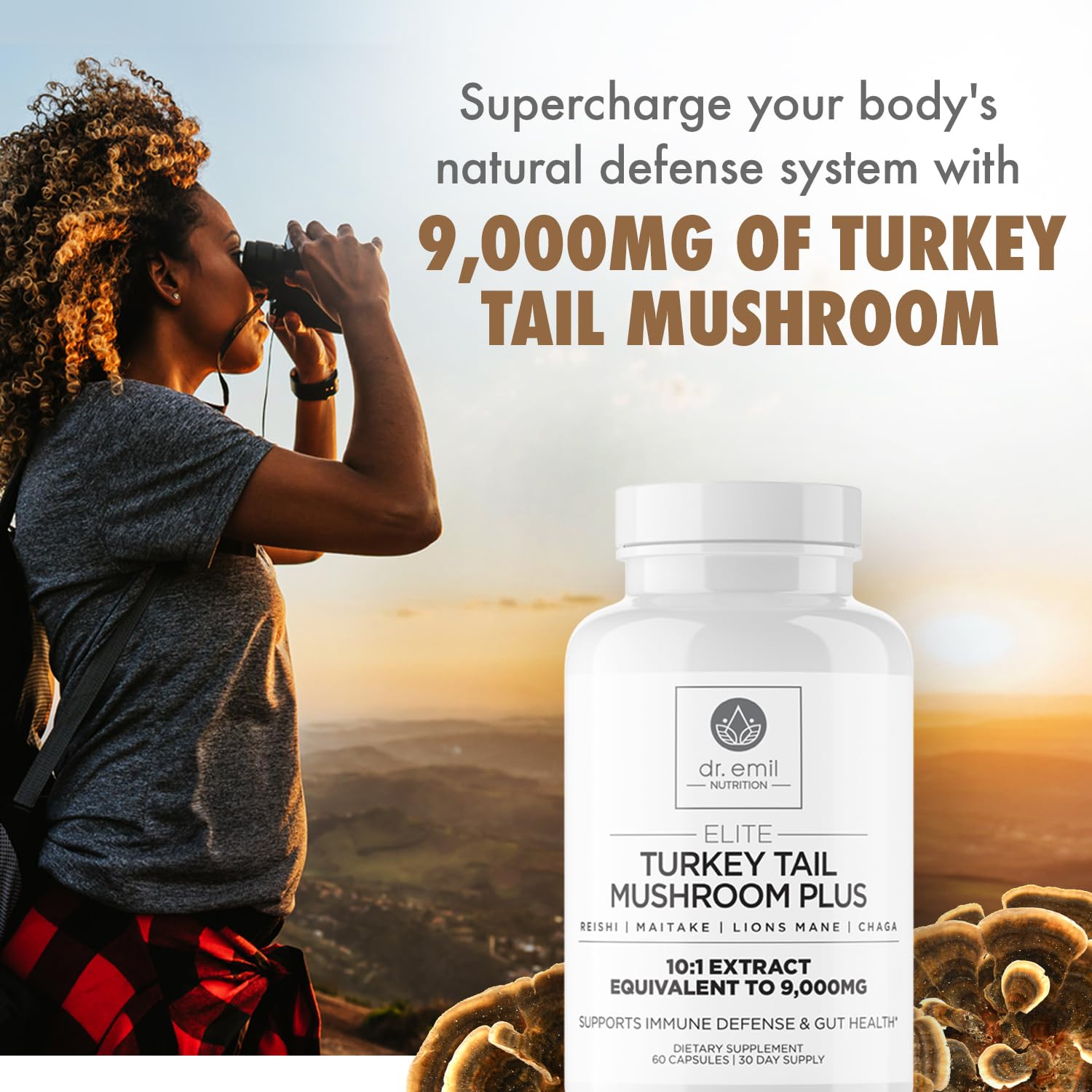 Turkey Tail extract label shows 900 mg per serving and 10:1 strength.