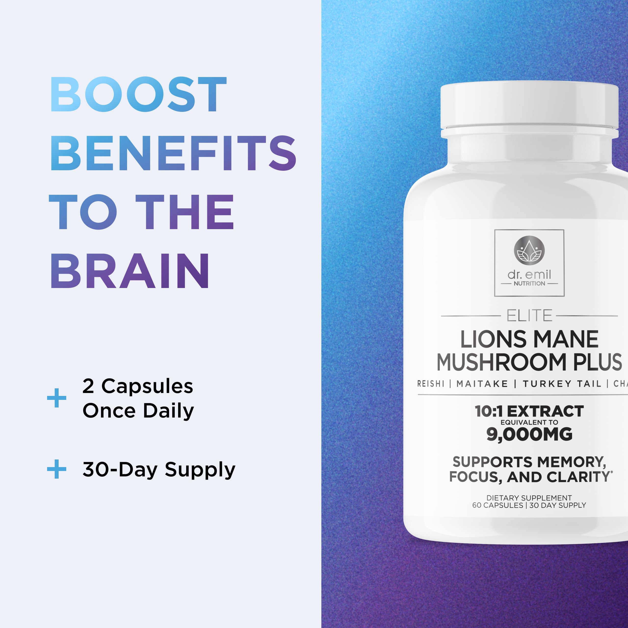 DR. EMIL NUTRITION USA-grown Lions Mane label emphasizes quality and fresh sourcing.