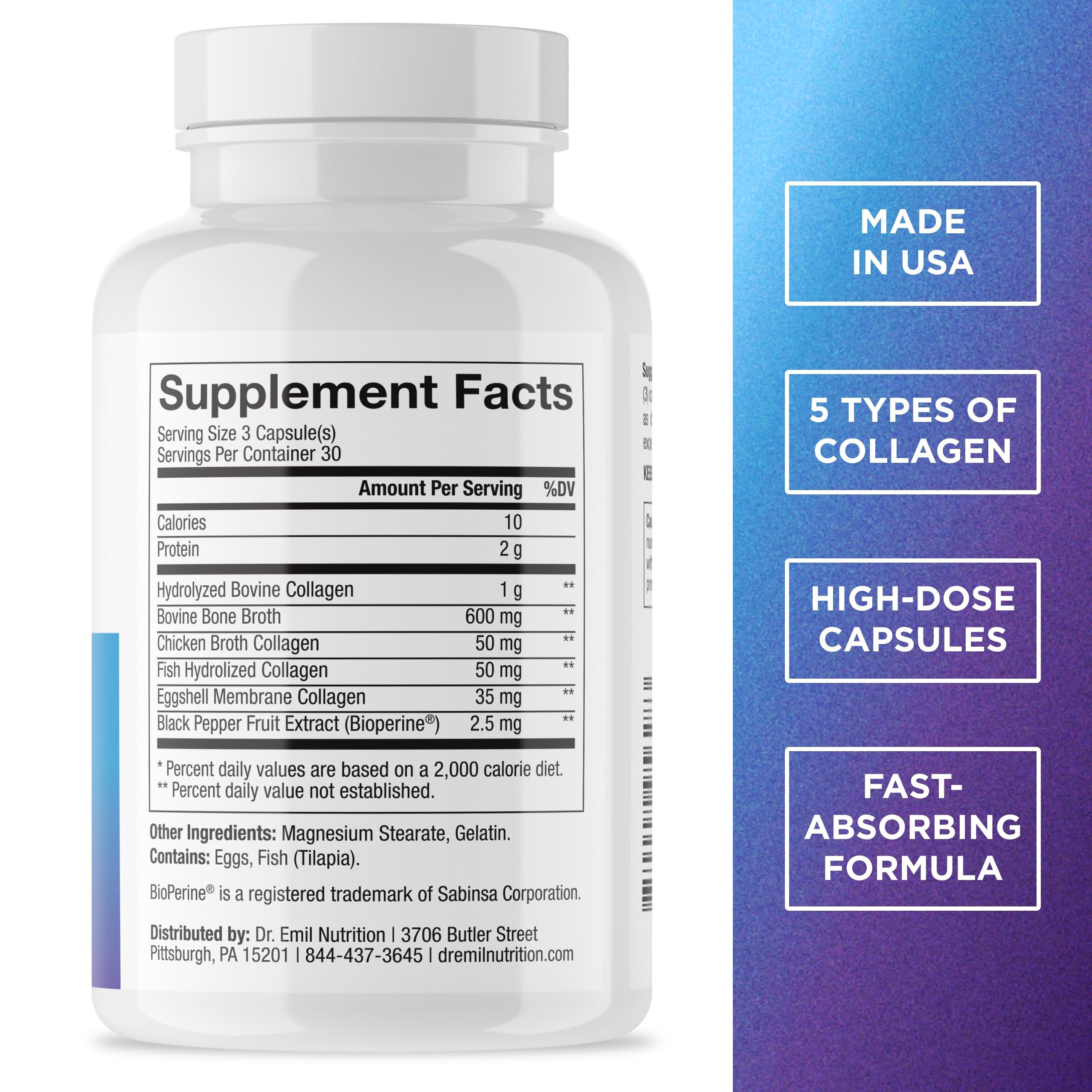 DR. EMIL NUTRITION Collagen types I–X provide broad connective tissue support.