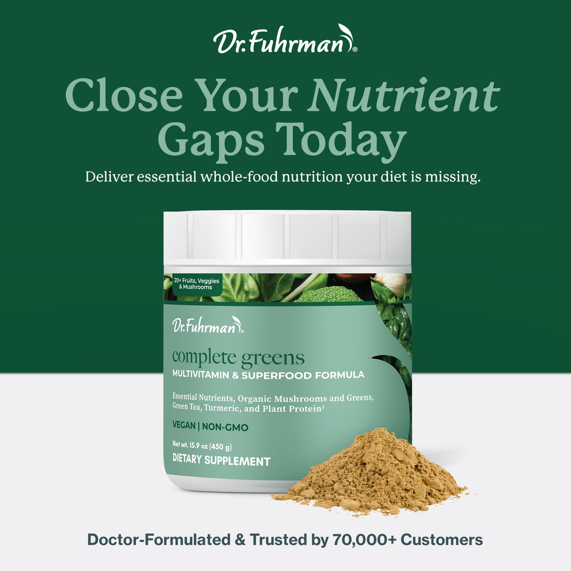 Dr. Fuhrman complete greens tub beside a glass of smoothie