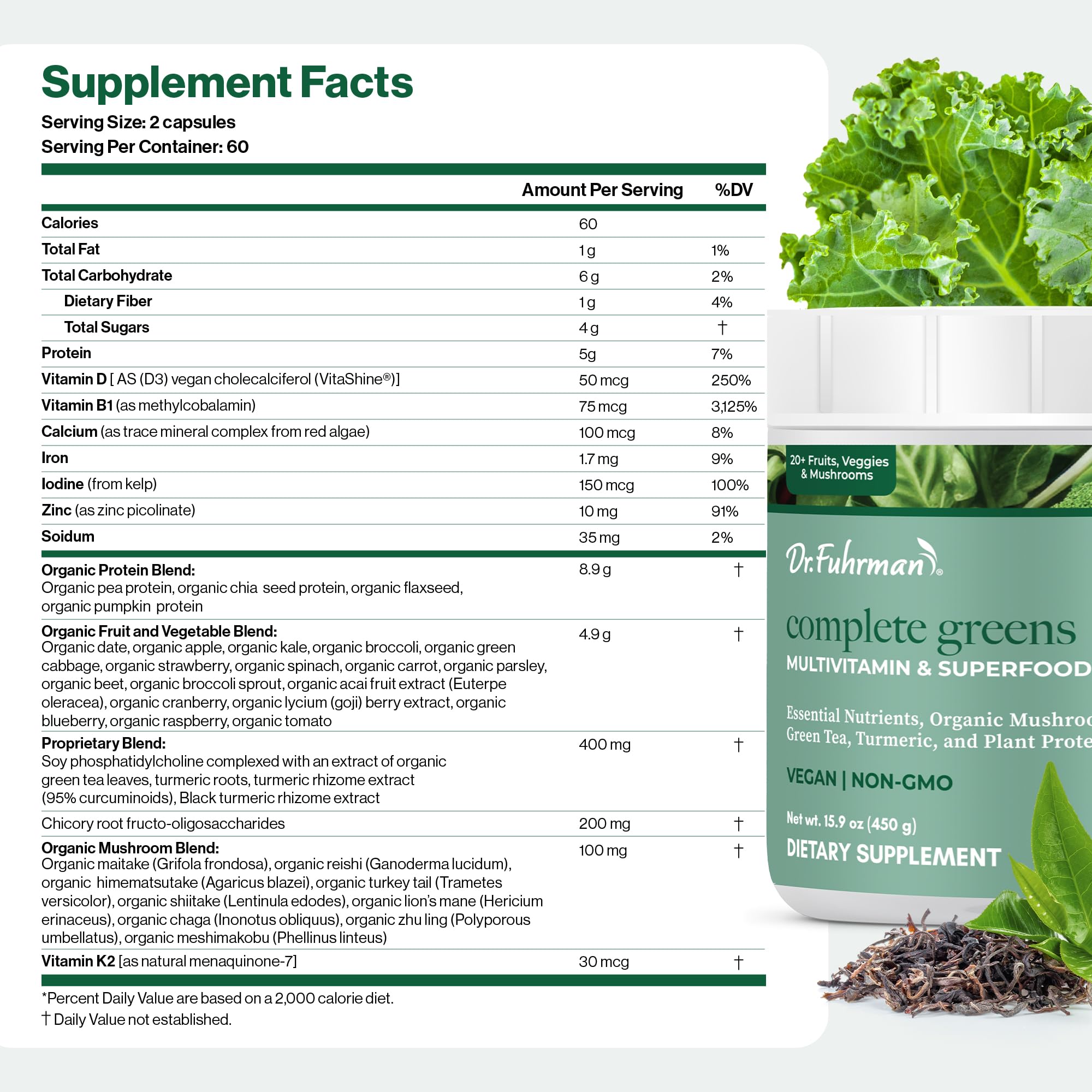 Plant protein blend from pea, pumpkin, and chia in Dr. Fuhrman greens powder