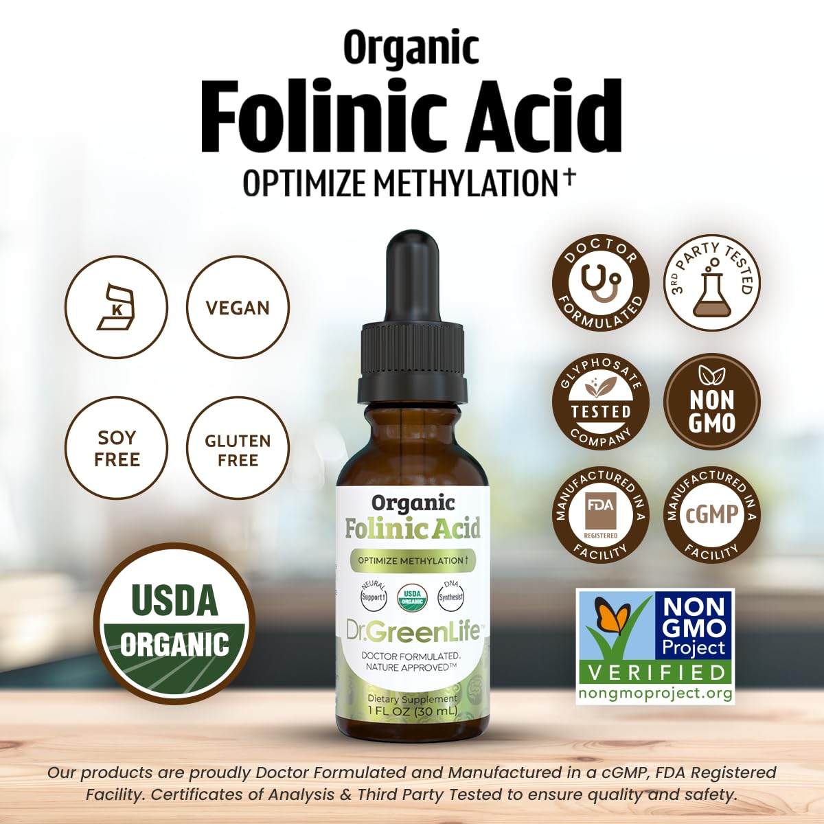 Dr. Green Mom folinic acid drops bottle close-up for display.