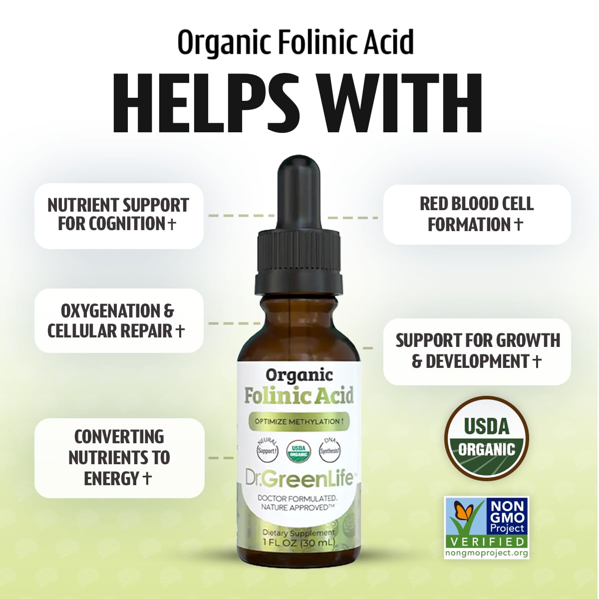 Dr. Green Mom folinic acid drops ingredients on clean label.