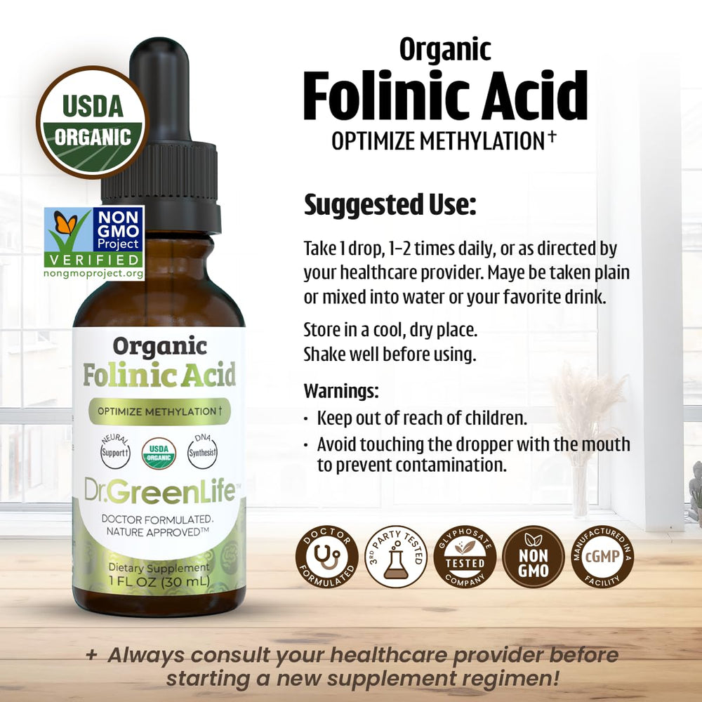 Dr. Green Mom folinic acid drops kid-friendly dosage labeling.