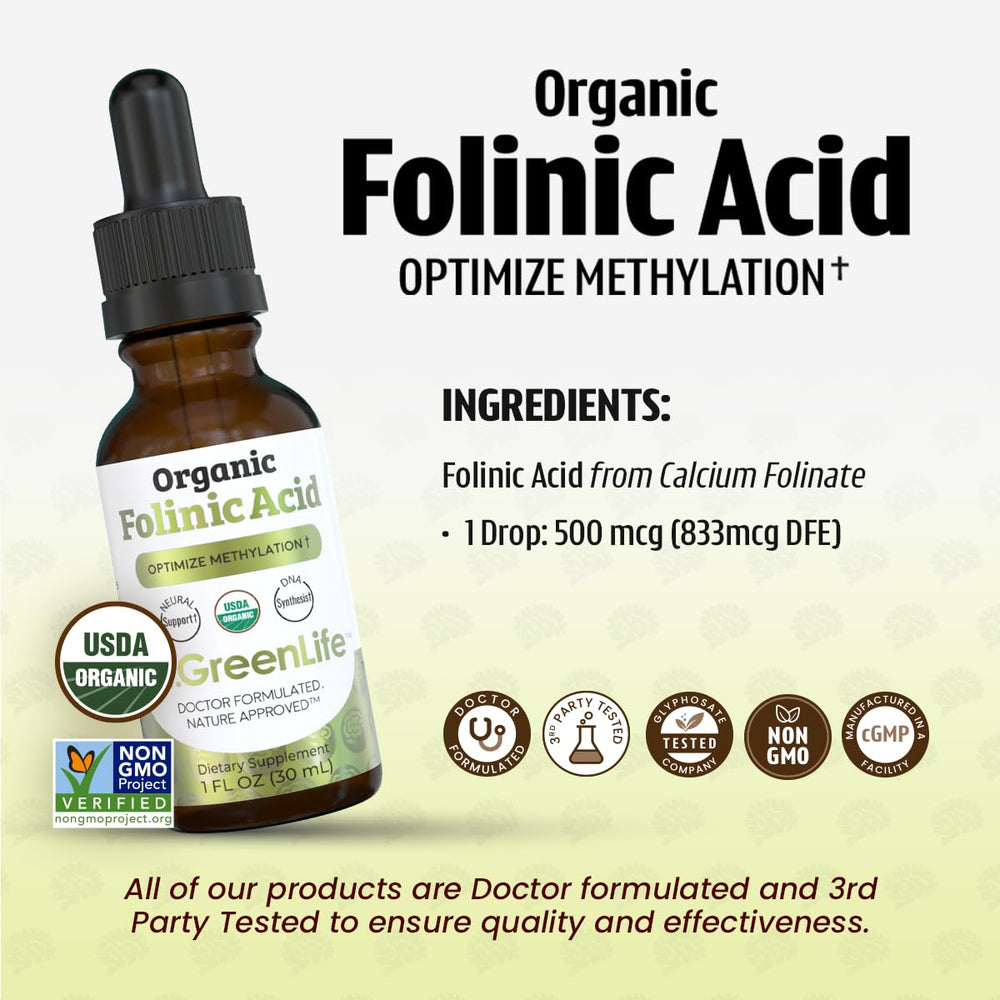 Dr. Green Mom folinic acid drops USA-made seal close-up.