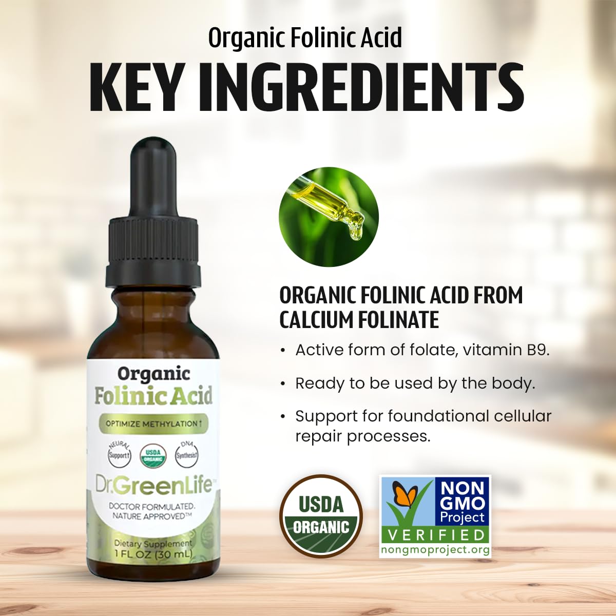 Dr. Green Mom folinic acid drops USDA Organic certification on label.