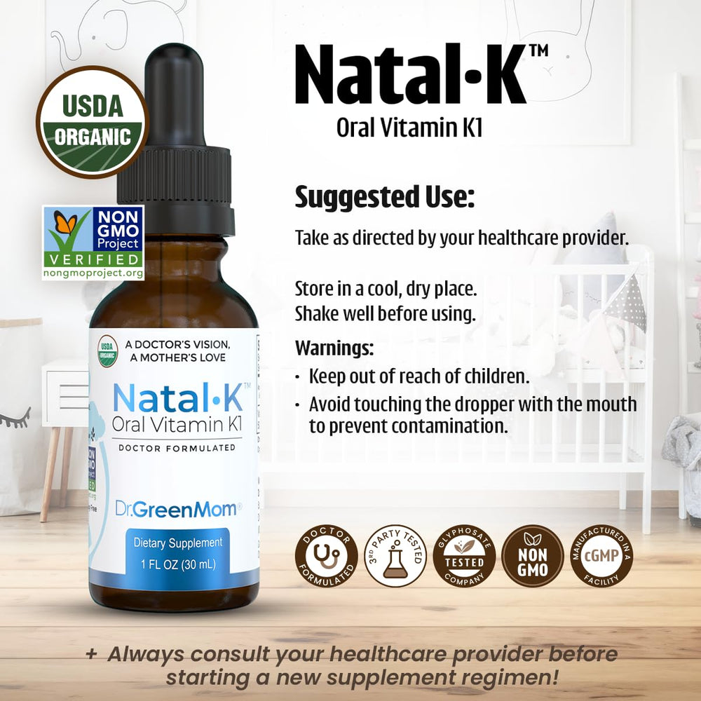 Natal K label highlights USDA Organic and alcohol-free formula.