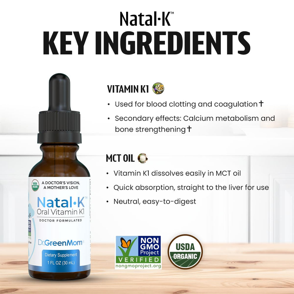Natal K beside baby probiotics and vitamin D drops in wellness routine.