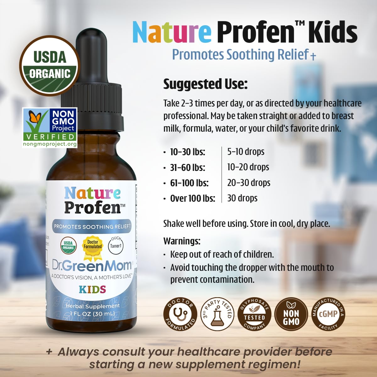 Dr. Green Mom Nature Profen Kids growing pains support with kid-friendly herbs