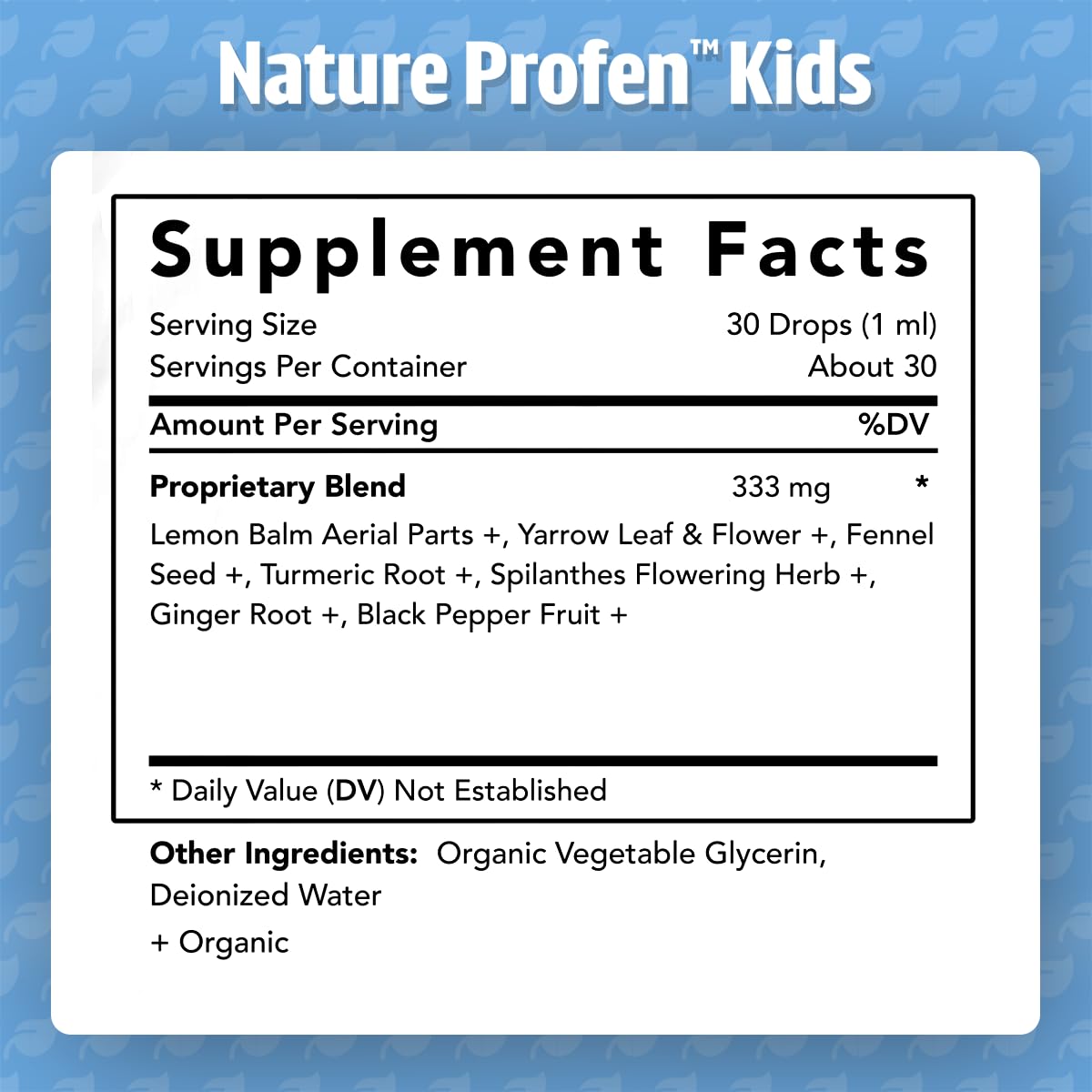 Dr. Green Mom Nature Profen Kids organic herbs blend highlights turmeric, lemon balm, ginger