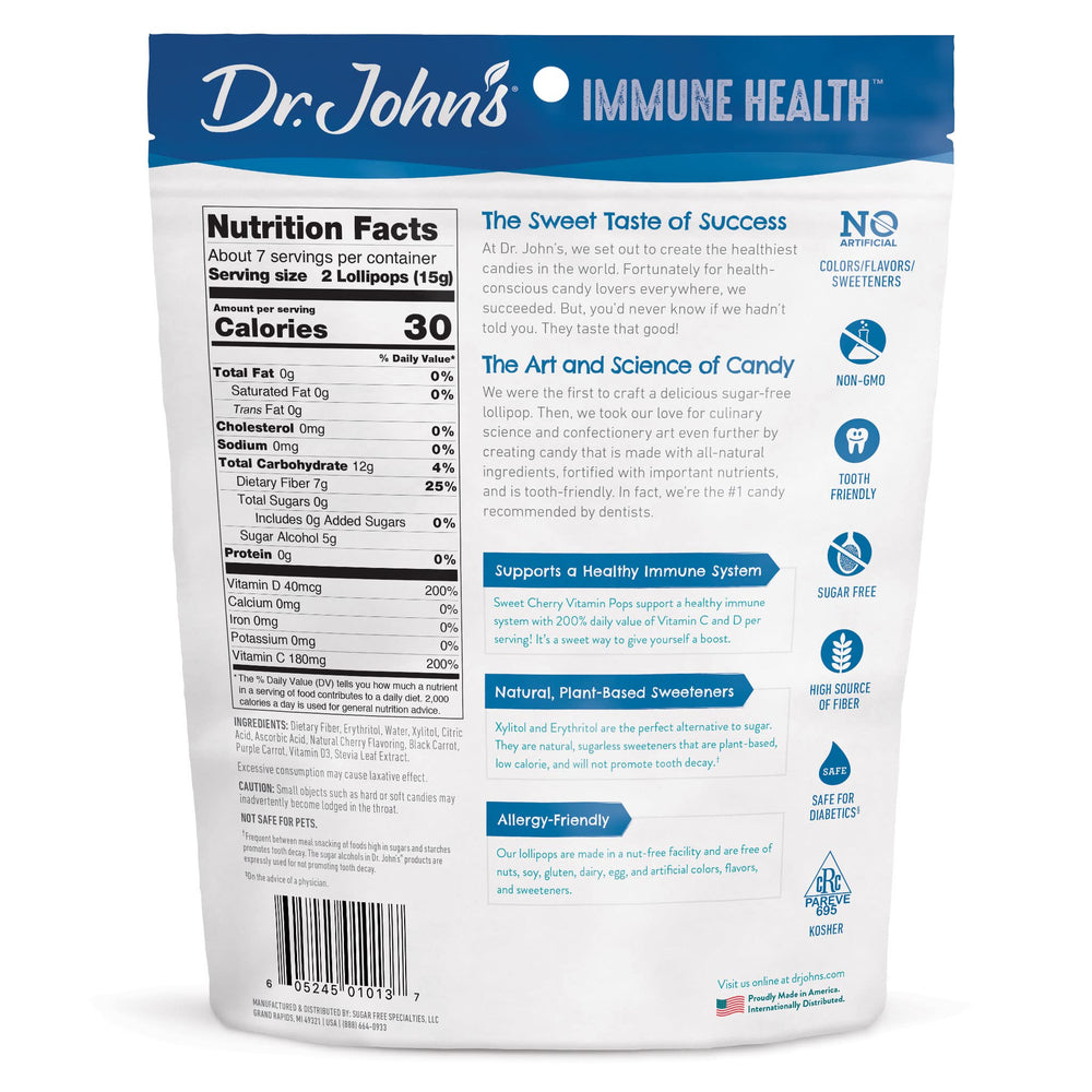 Close-up of Dr. John's vitamin pops cherry flavor for on-the-go snacking.