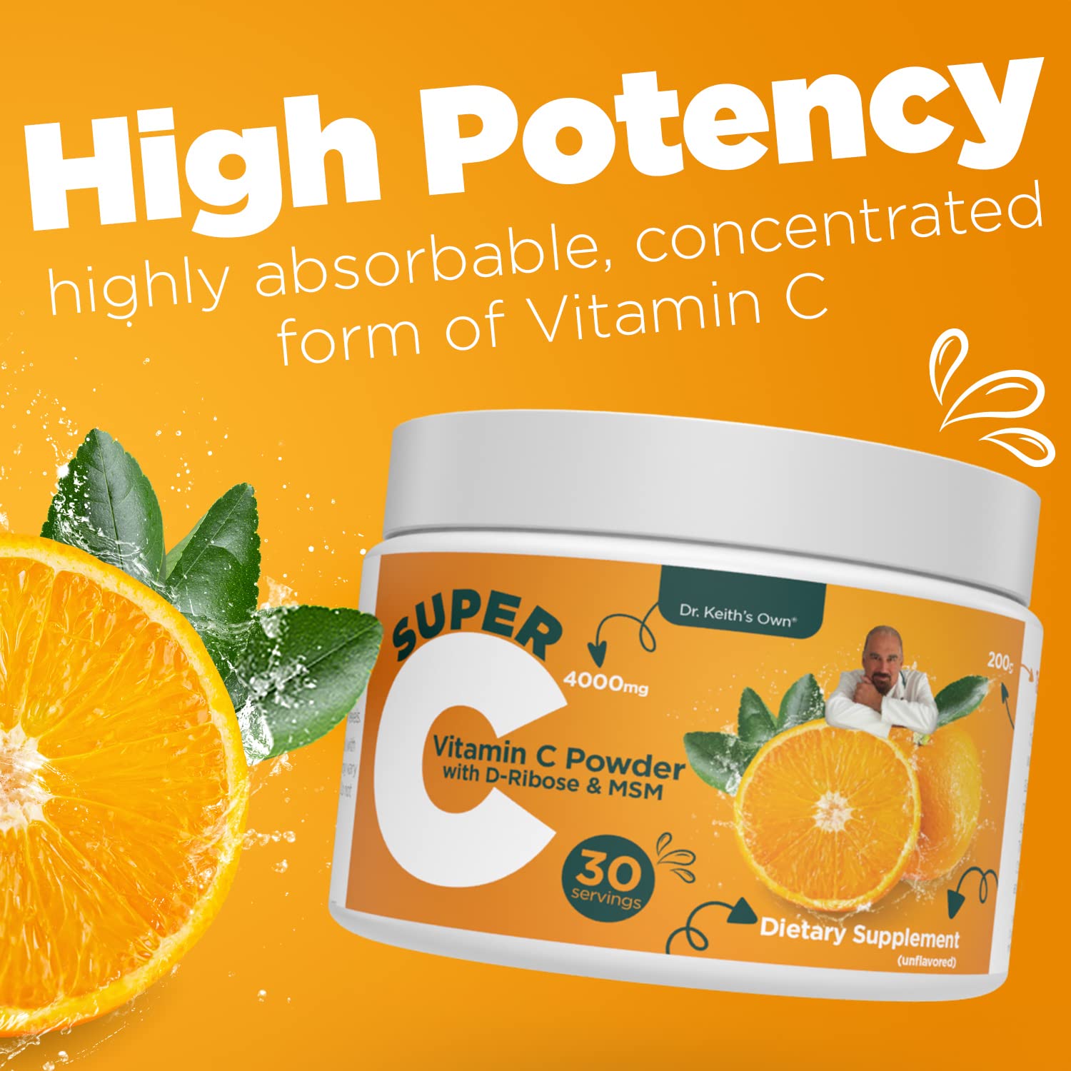 Dr. Keith's Own Super C crystalline powder highlighting bio-active compounds.