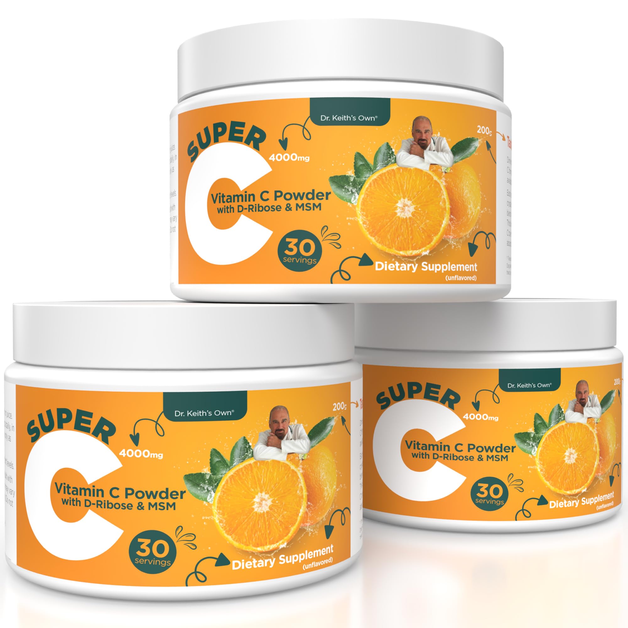 Dr. Keith's Own Super C powder in a jar, easy to mix for daily immune support.