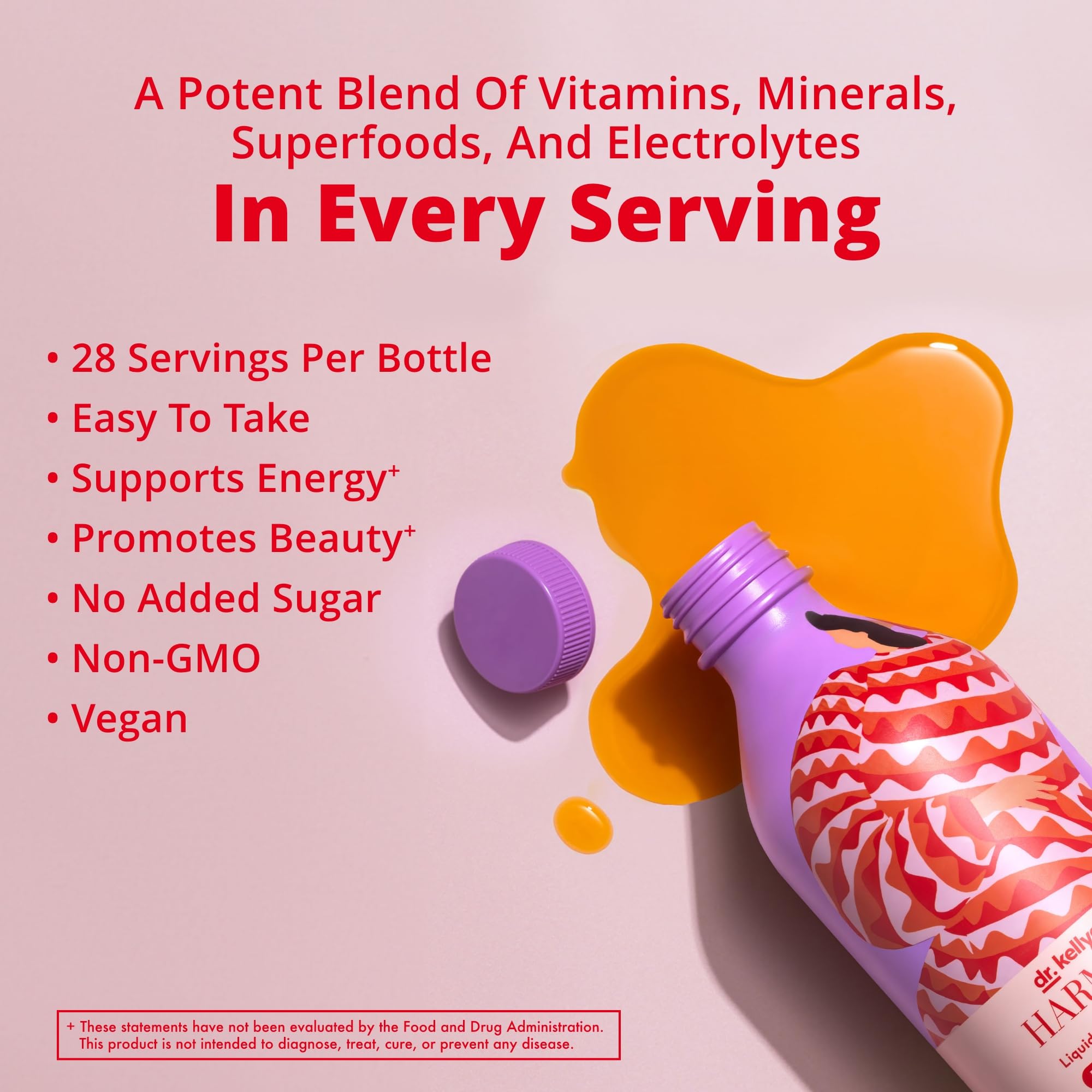Harmony bottle close-up reveals smooth texture and palatable experience.