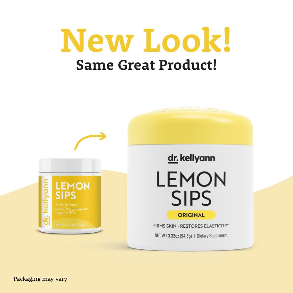 Dr. Kellyann Lemon Sips bottle back highlights non-GMO, fat-free formula.