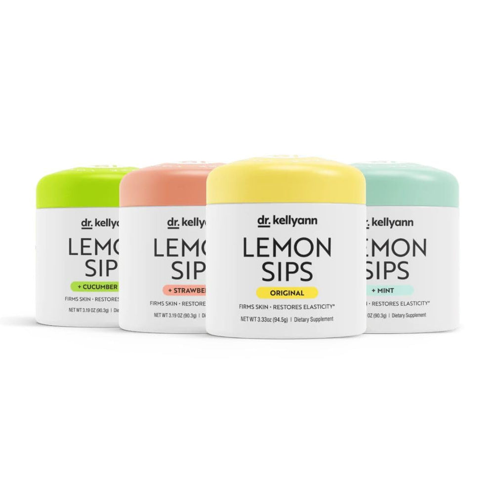 Dr. Kellyann Lemon Sips citrus drink mix 21 servings displayed in a glass.