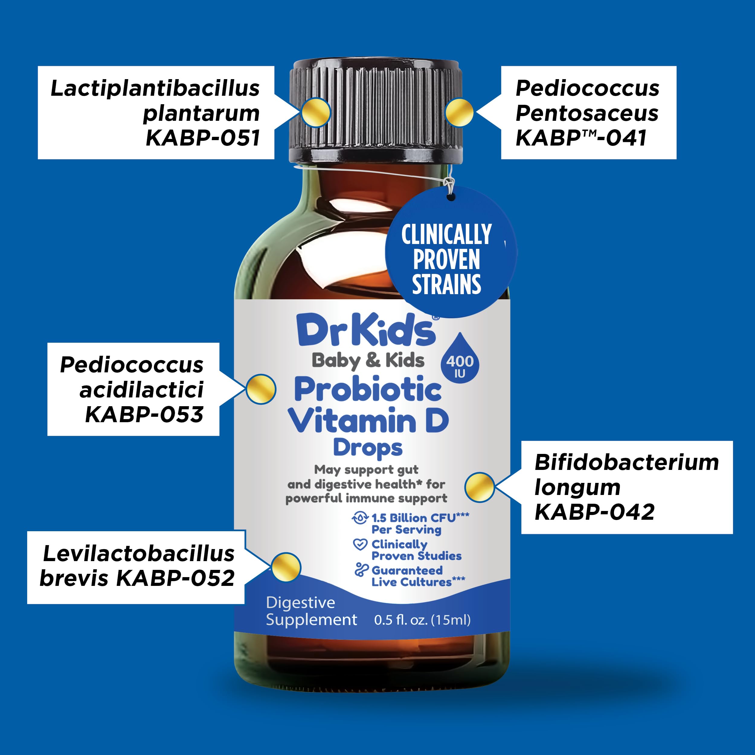 Five probiotic strains in Dr. Kids Vitamin D Drops