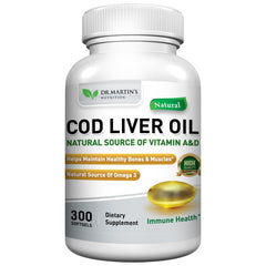 DR. MARTIN'S NUTRITION cod liver oil bottle with burpless softgels for daily omega-3 support.