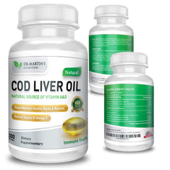 DR. MARTIN'S NUTRITION softgels close-up highlighting 415 mg cod liver oil per serving.
