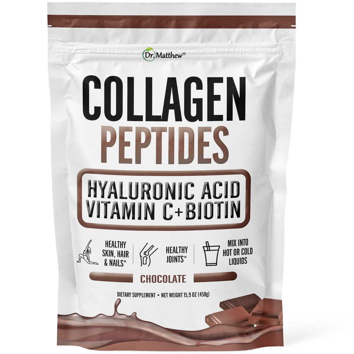 Dr. Matthew Chocolate Collagen bottle pouring into a glass for a daily drink.