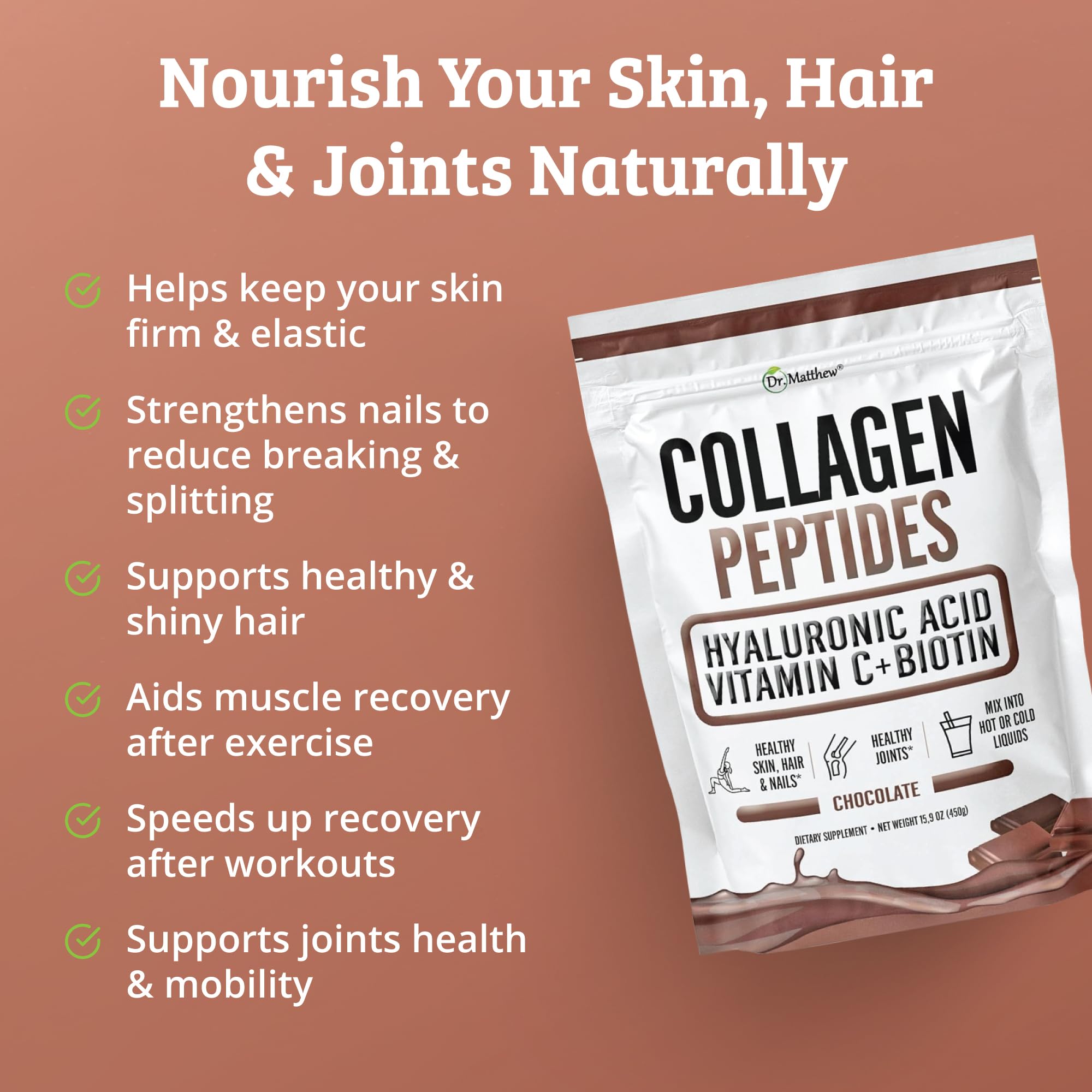 Dr. Matthew Chocolate Collagen jar close-up showing natural ingredients.