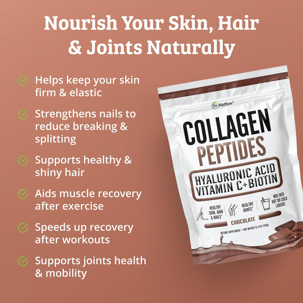 Dr. Matthew Chocolate Collagen jar close-up showing natural ingredients.