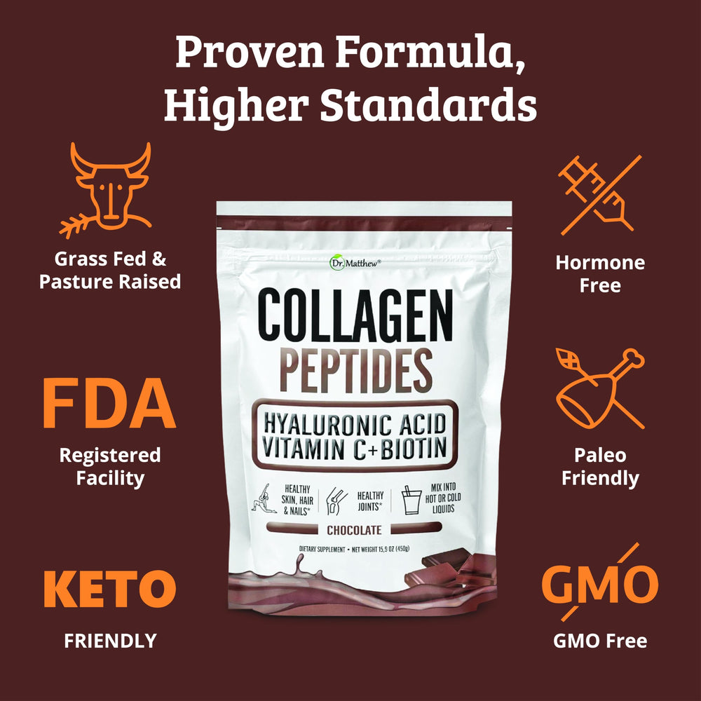 Dr. Matthew Chocolate Collagen powder swirled into a warm beverage.