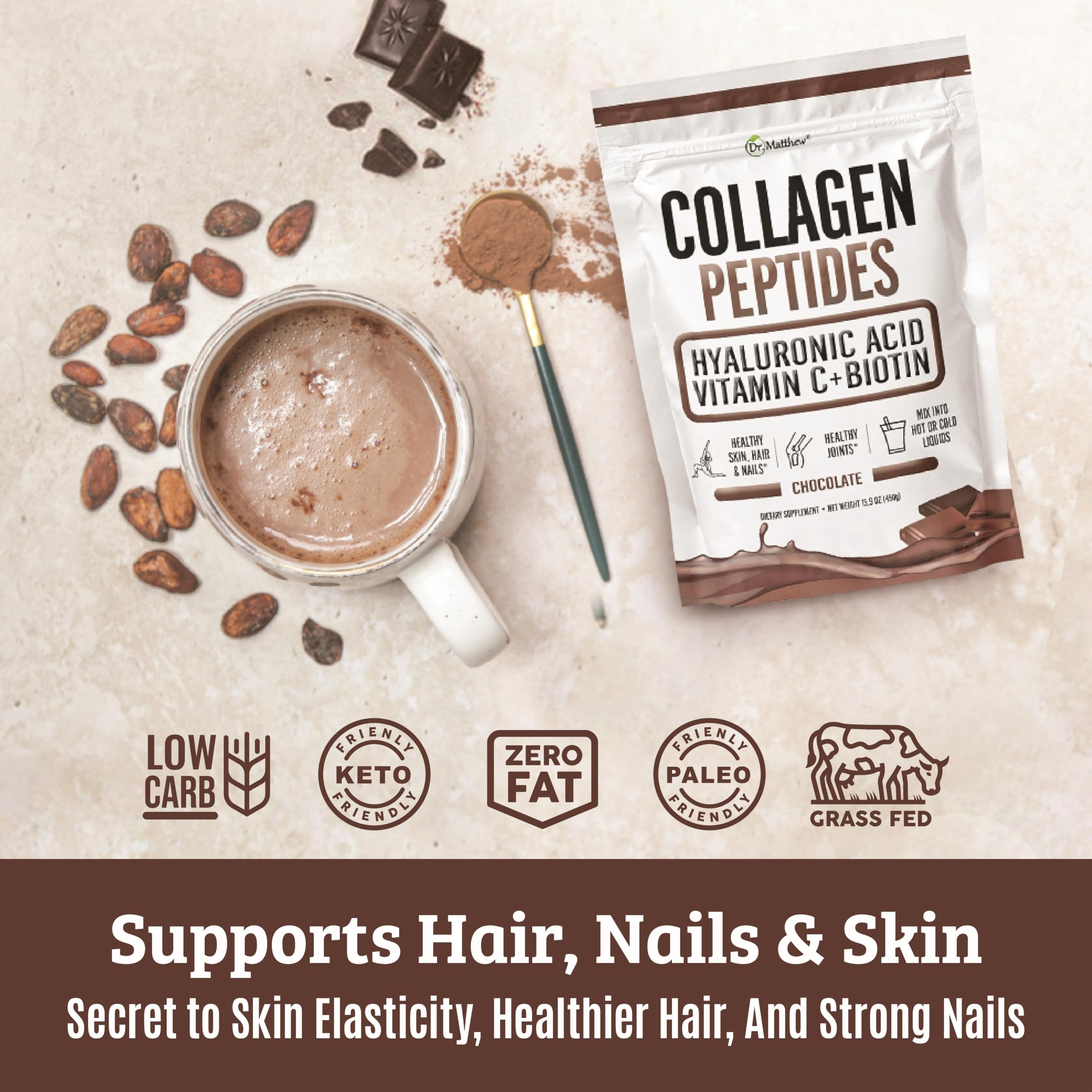 Dr. Matthew Chocolate Collagen powder scoop for quick, precise daily serving.