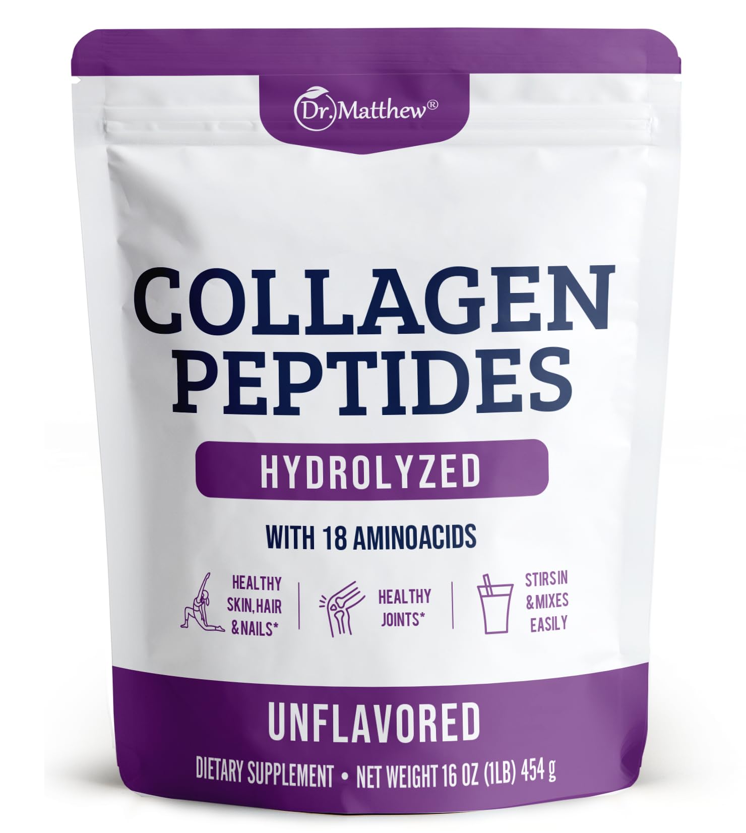 Dr. Matthew Hydrolyzed Collagen Peptides bottle highlighting grass-fed formula for skin and joints.