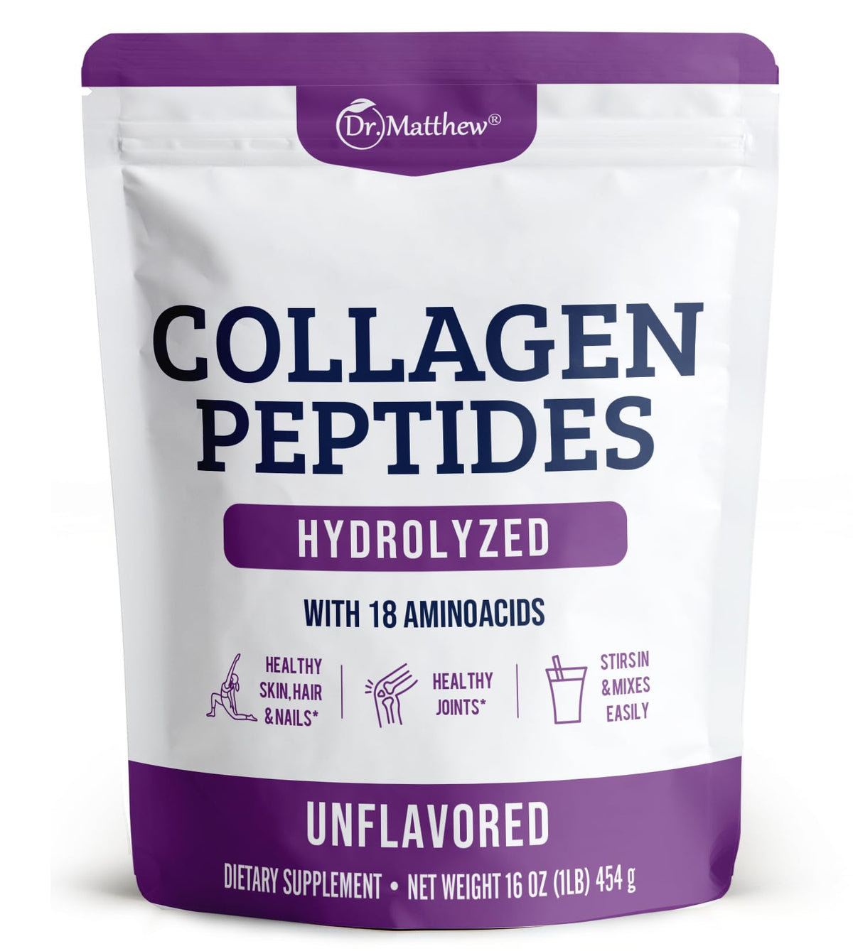 Dr. Matthew Hydrolyzed Collagen Peptides bottle highlighting grass-fed formula for skin and joints.