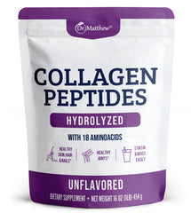 Dr. Matthew Hydrolyzed Collagen Peptides bottle highlighting grass-fed formula for skin and joints.