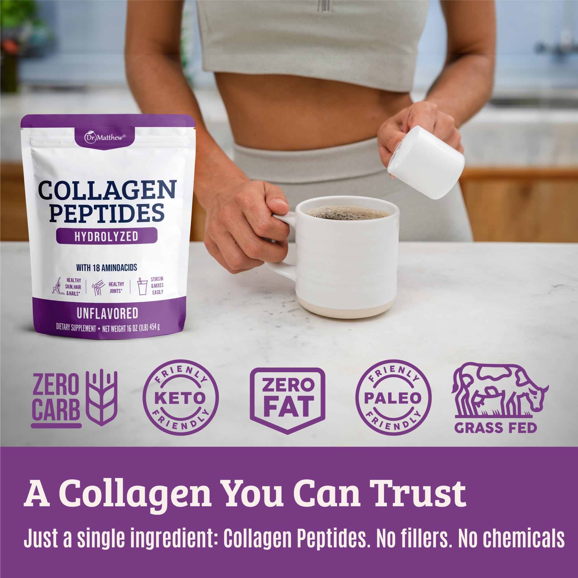 Pouring Dr. Matthew collagen peptides into coffee for a protein boost.