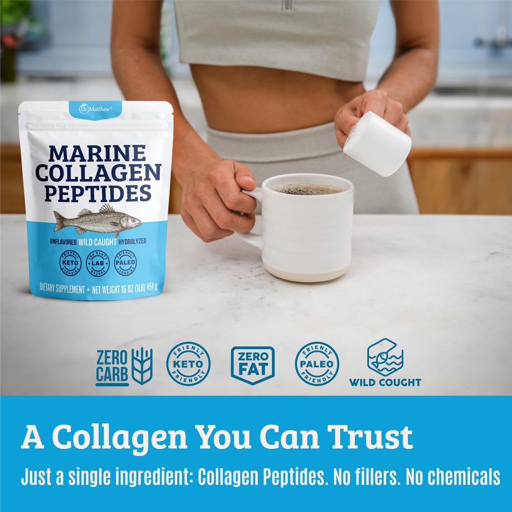 Dr. Matthew Marine Collagen nutrition label highlights protein-rich formula.