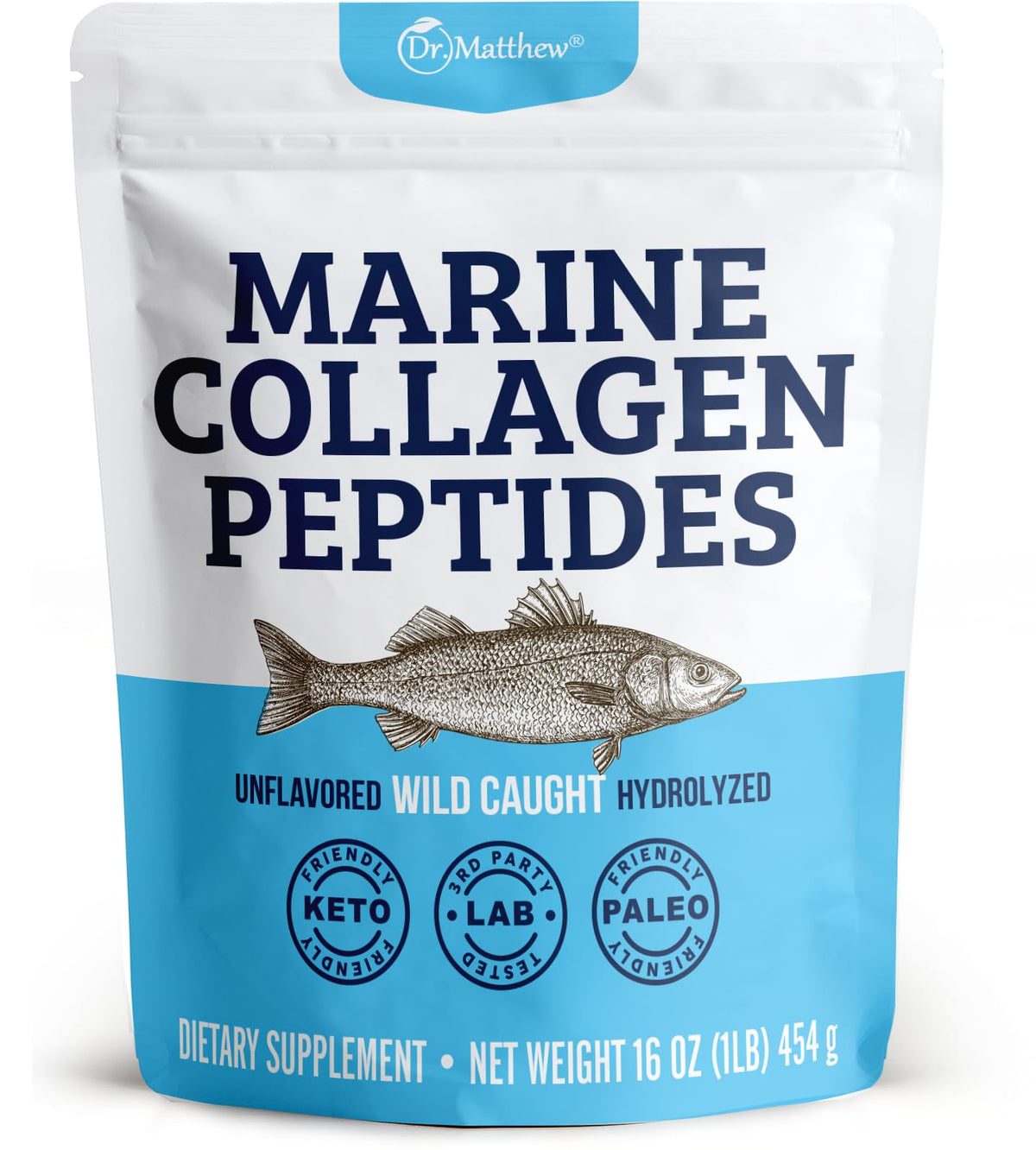 Dr. Matthew Marine Collagen powder bottle for daily supplement.